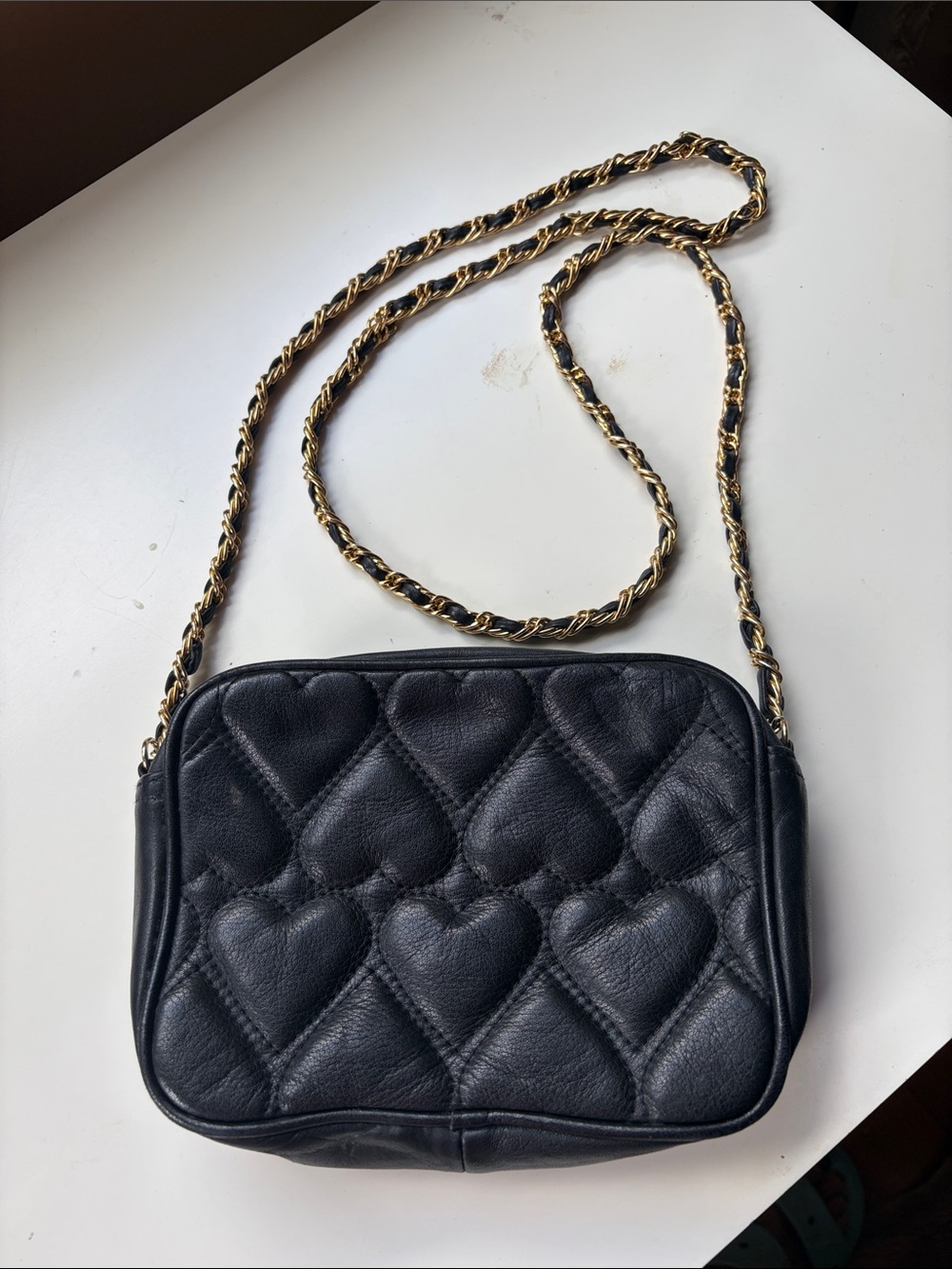 Vintage Black Quilted Heart Crossbody Bag with Gold Chain